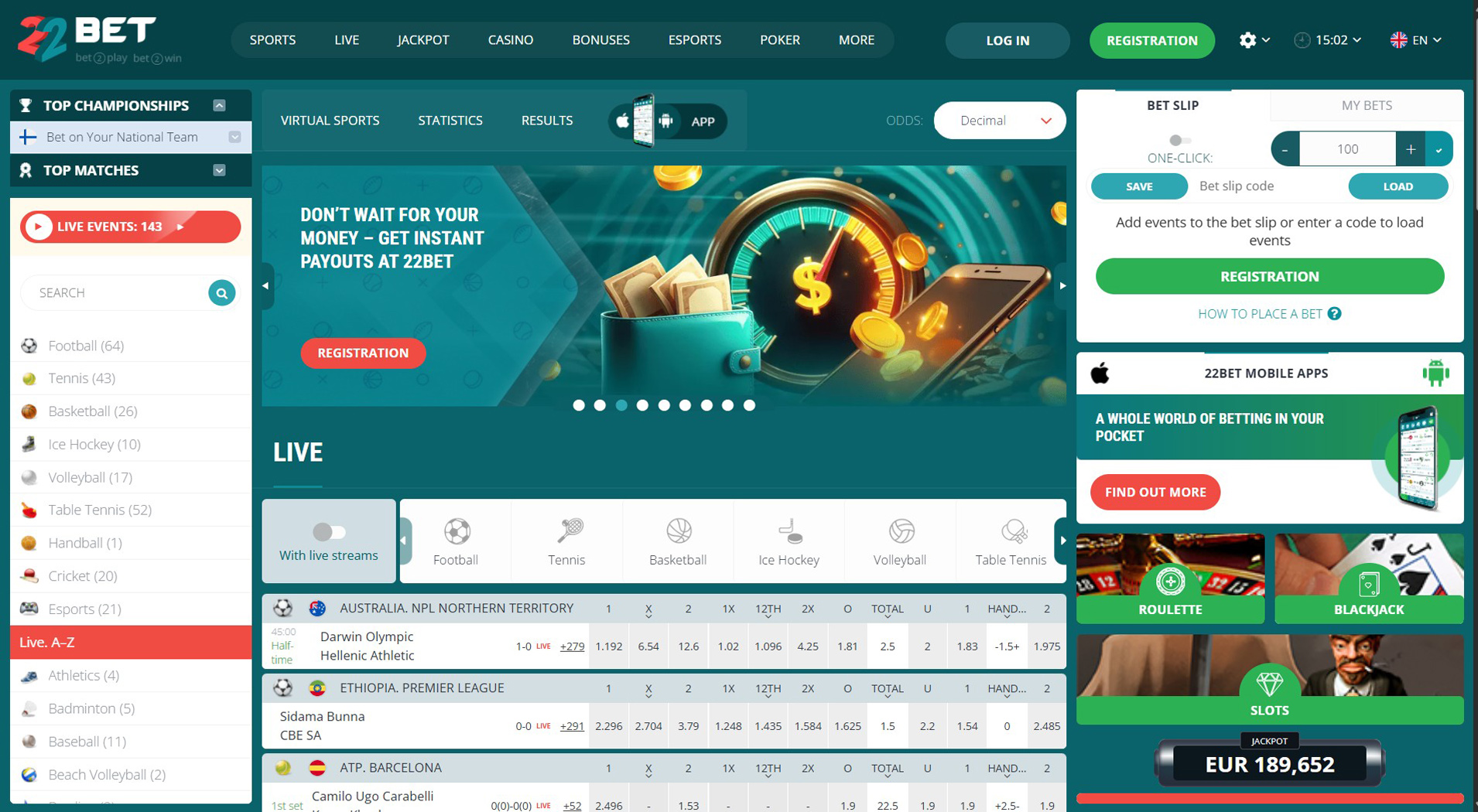 8. 22Bet Casino- Populárny Online Casino Bonus